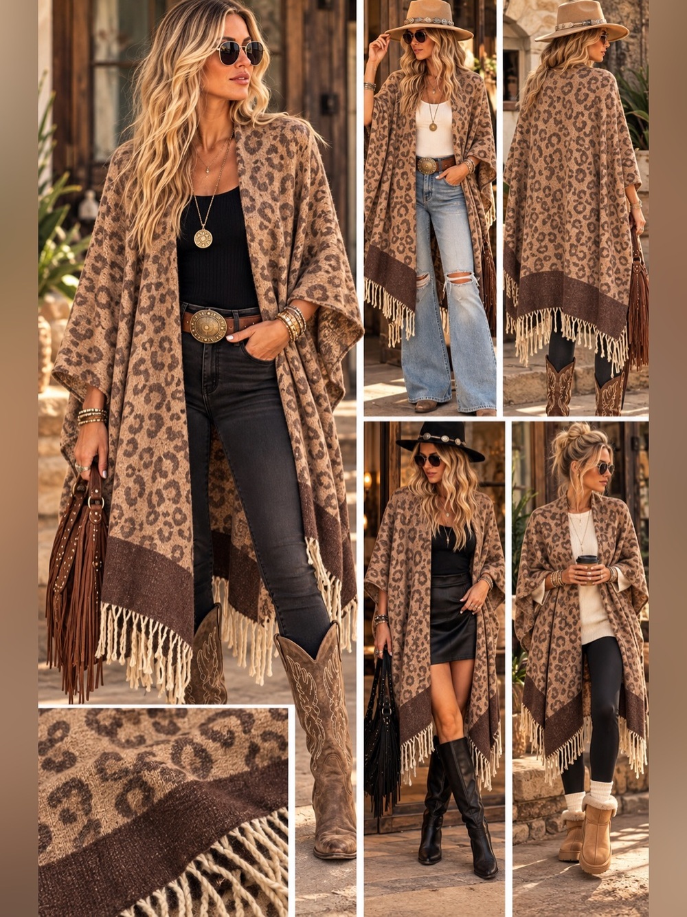Do everything in love Leopard-Print Fringe Cape in Brown & Cream